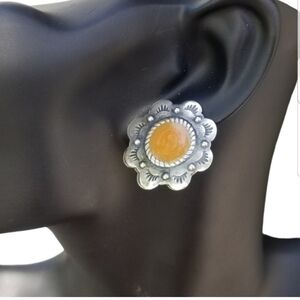 VINTAGE WESTERN STYLE SILVERPLATED & ORANGE SHIMMER ENAMEL CLIP ON EARRINGS